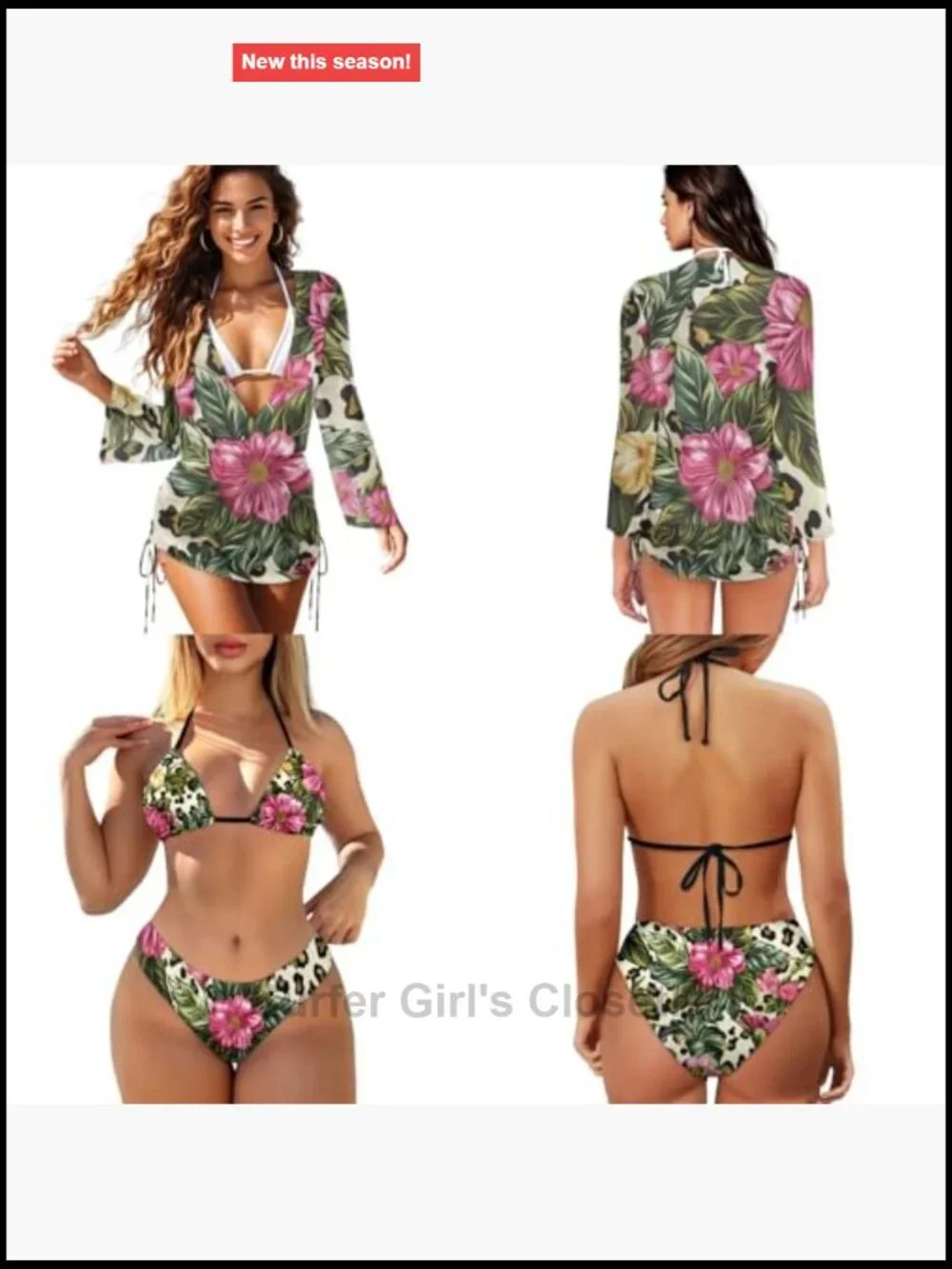 3-Piece Bikini Set with Cover Up Triangle Top Adjustable Straps Floral Pattern